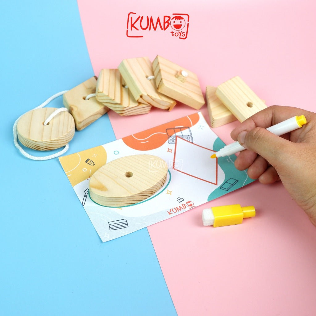 Mainan Edukasi Anak Wooden Lacing Shape Meronce Kayu dan Mencocokan Bentuk