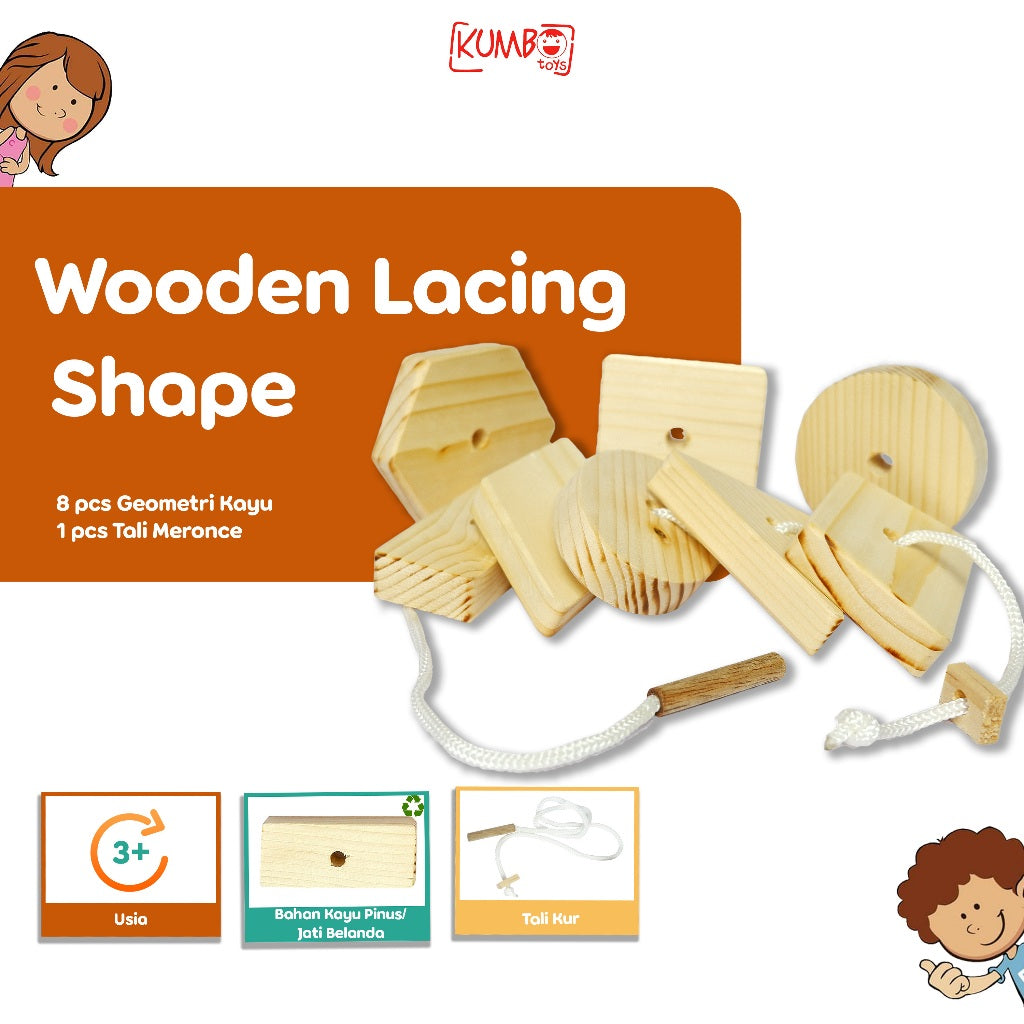 Mainan Edukasi Anak Wooden Lacing Shape Meronce Kayu dan Mencocokan Bentuk