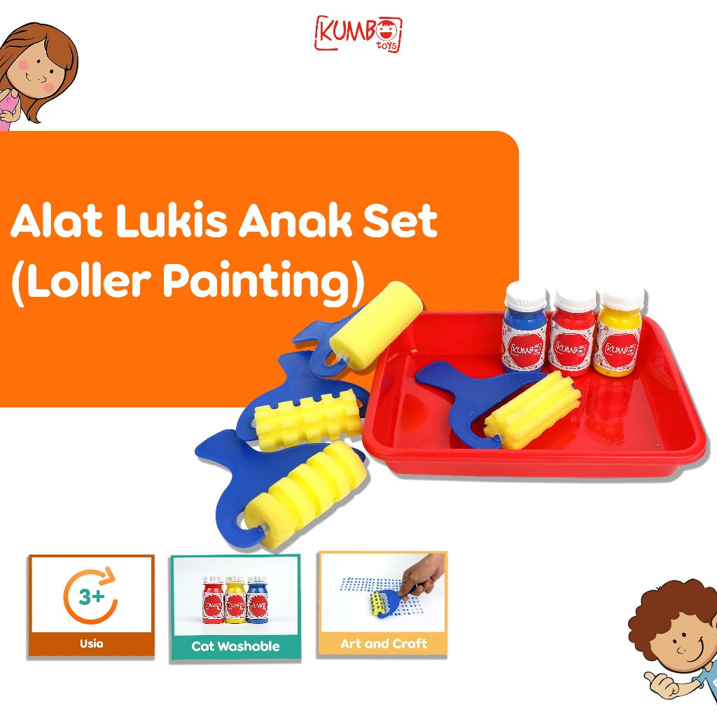 Alat Lukis Anak Set (Roller painting 4pcs,Cat Washable,Tray)