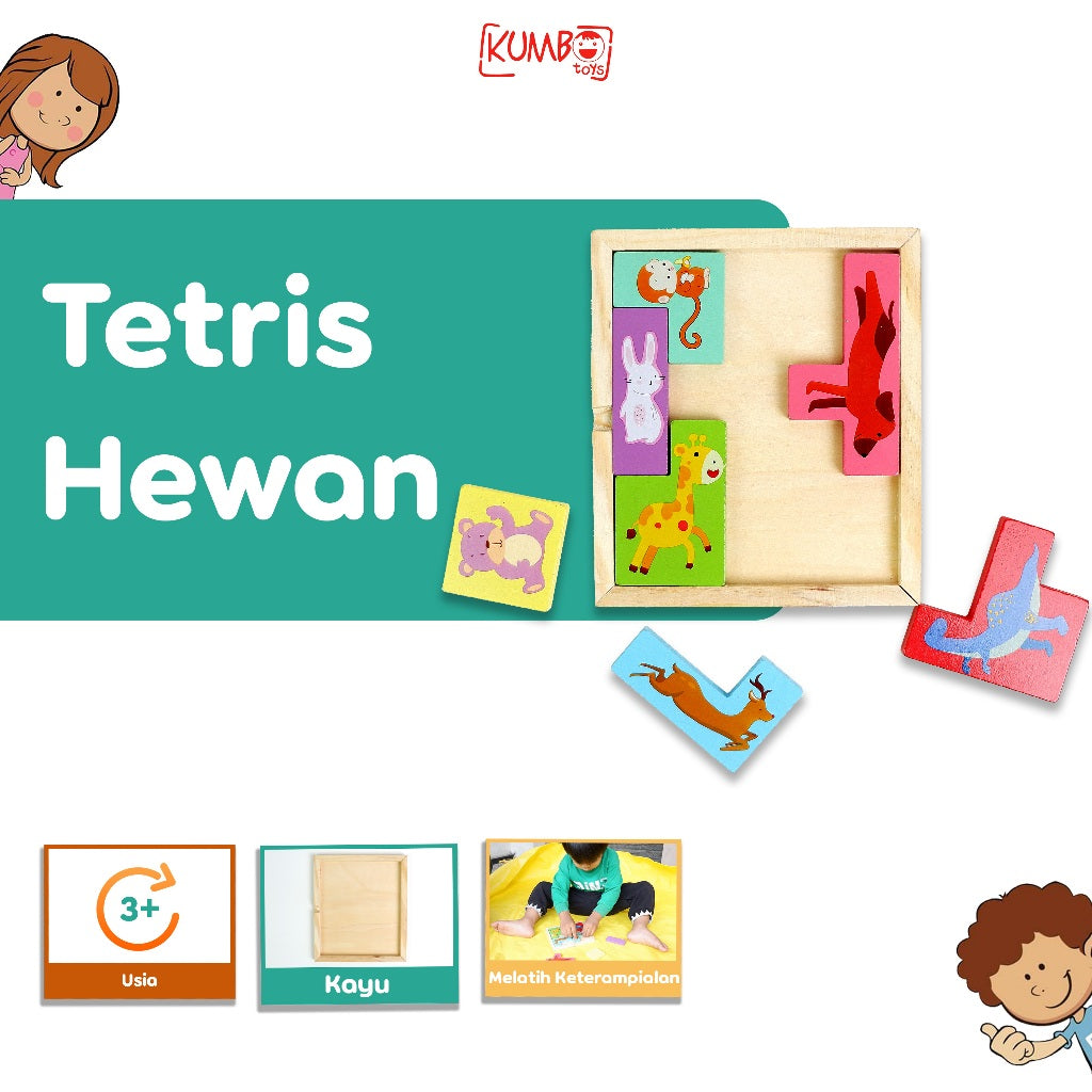 Mainan Edukasi Anak Puzzle Tangram Tetris Hewan Kayu Blocks Wooden Puzzle Animal